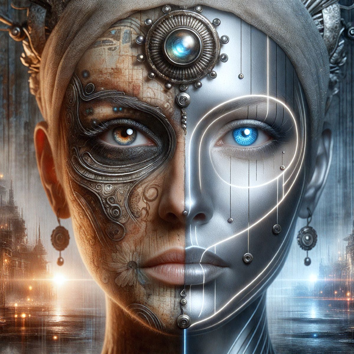 The primary subject of the image is a woman with a mix of human and mechanical features. She has a human face with blue eyes, but her head is adorned with a mechanical headpiece. The setting is a futuristic environment, with the woman standing in front of a cityscape. The visual style is a combination of digital art and illustration, creating a unique and intriguing image. The colors and mood of the image are predominantly dark and mysterious, with the blue eyes of the woman being the